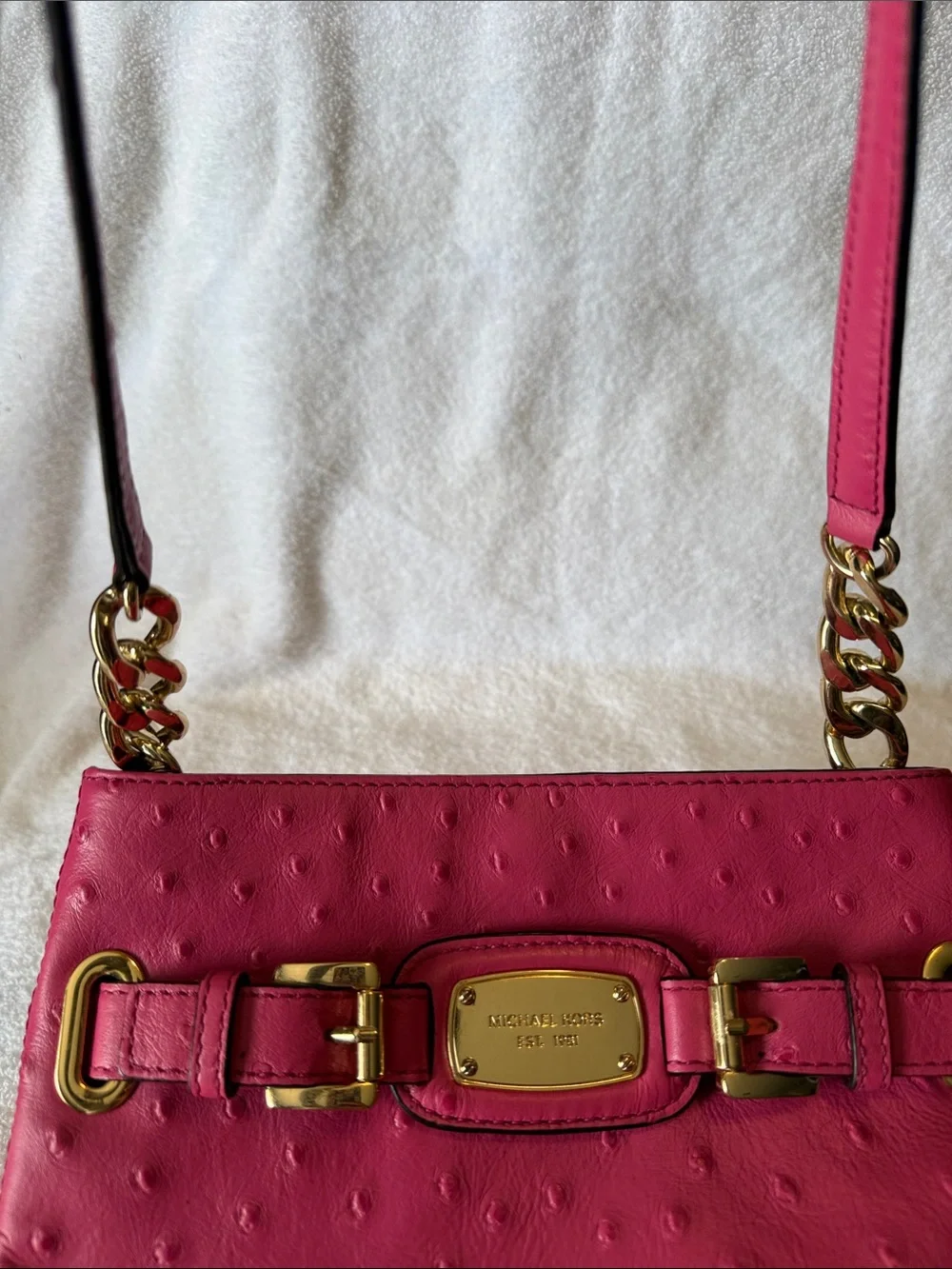 Michael Kors Hot Pink Ostrich-Embossed Crossbody with Gold Hardware